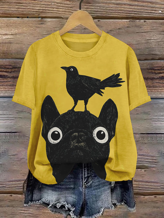 Dog Raven Art Print Unisex Round Neck Short Sleeve Casual T-Shirt