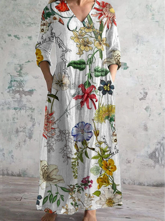 Forest Animal Floral Shirt Printed V-Neck Long-Sleeved Casual Dress