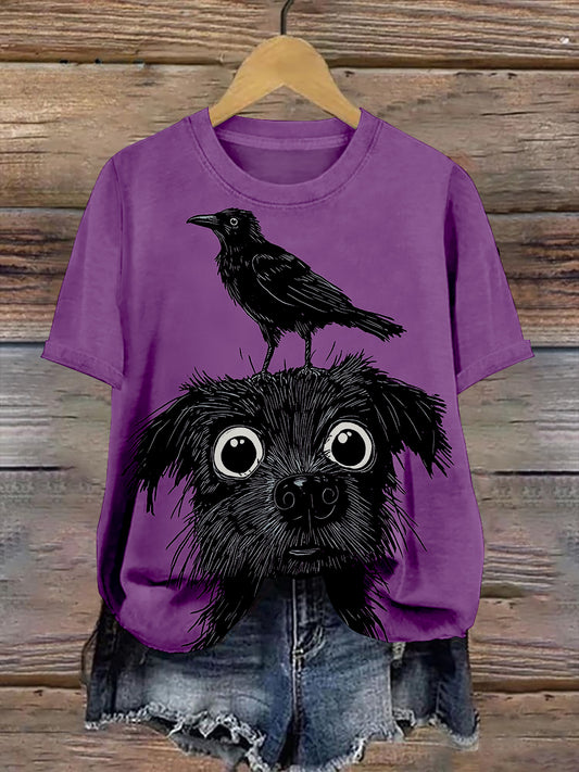 Dog Raven Art Print Unisex Round Neck Short Sleeve Casual T-Shirt