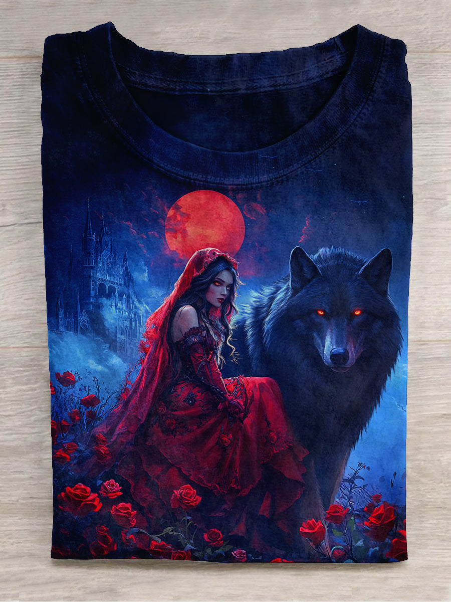 Little Red Riding Hood And Wolf Series Art Print Unisex Round Neck Short Sleeve Casual T-Shirt