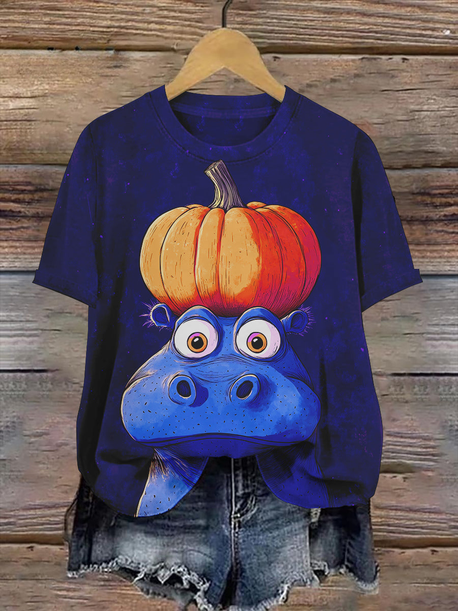 Hippo Pumpkin Art Print Unisex Round Neck Short Sleeve Casual T-Shirt