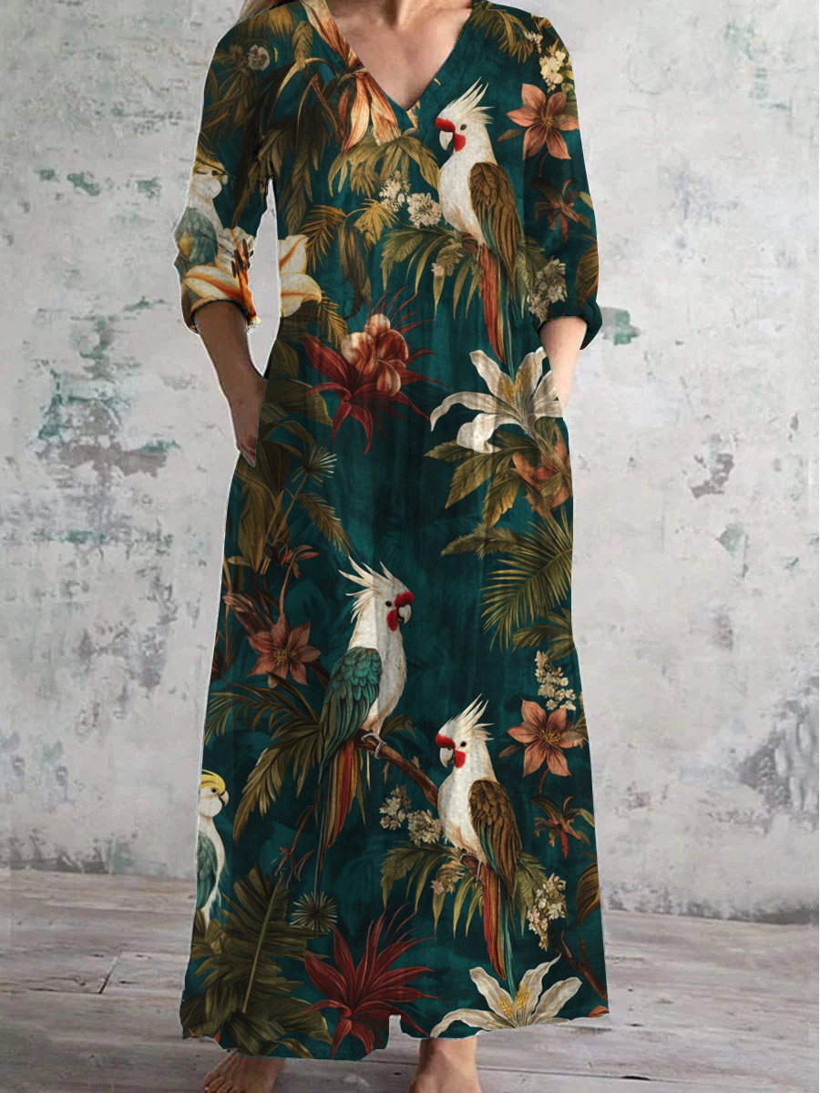 Forest Animal Floral Shirt Printed V-Neck Long-Sleeved Casual Dress