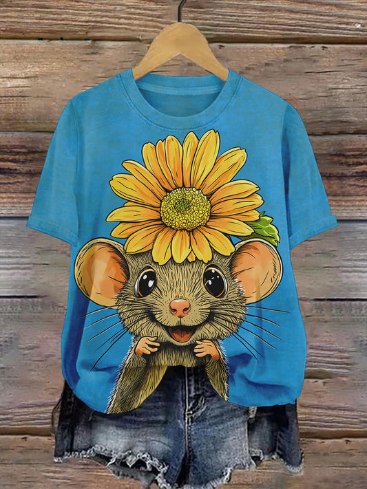 Mouse Sunflower Art Print Unisex Round Neck Short Sleeve Casual T-Shirt