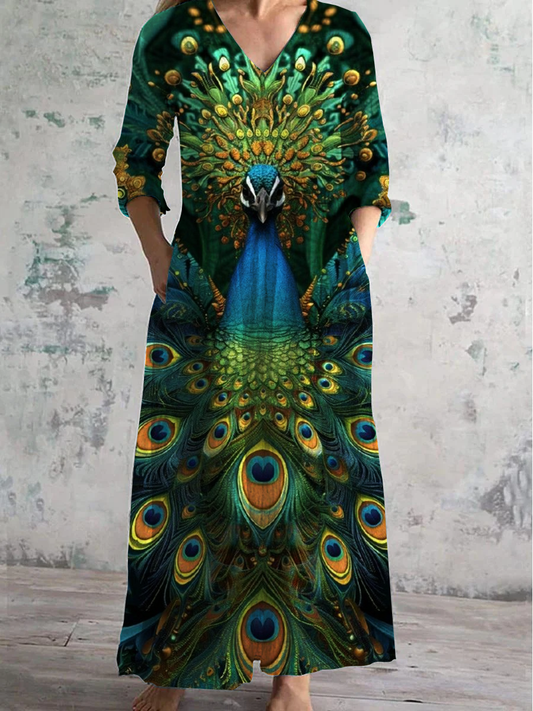 Peacock Art Print V-Neck Long-Sleeved Casual Dress