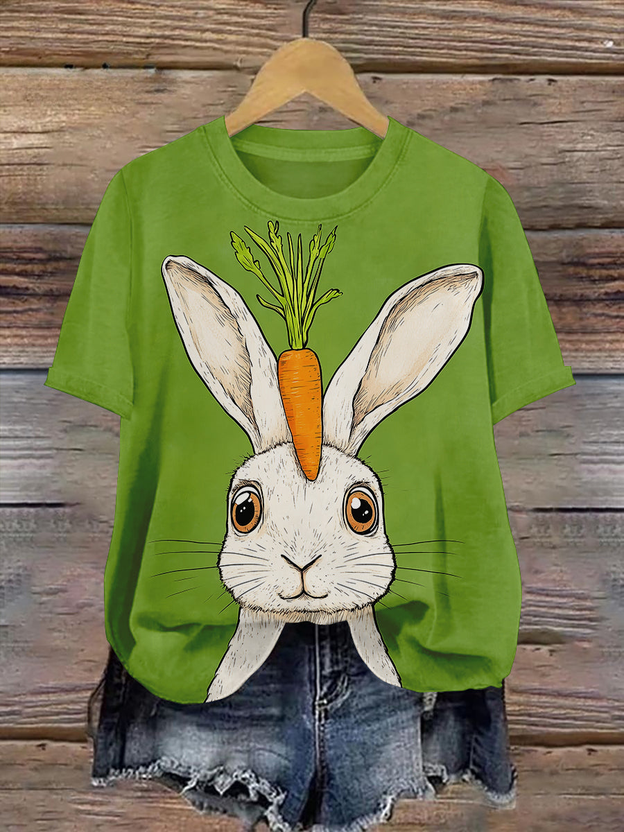 Rabbit and Carrot Art Print Unisex Round Neck Short Sleeve Casual T-Shirt