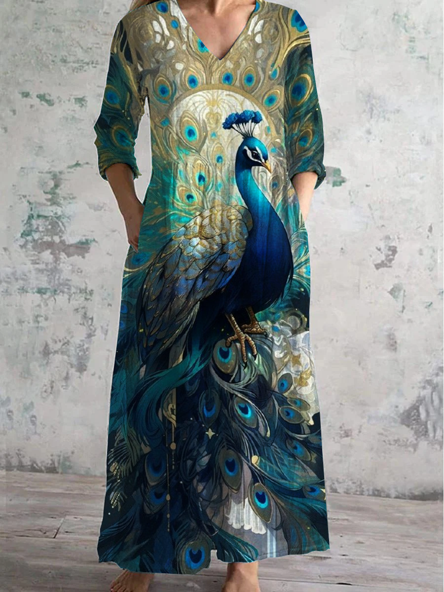 Peacock Art Print V-Neck Long-Sleeved Casual Dress