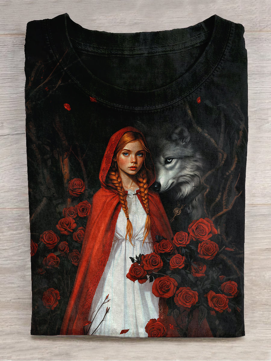 Little Red Riding Hood Art Print Unisex Round Neck Short Sleeve Casual T-shirt