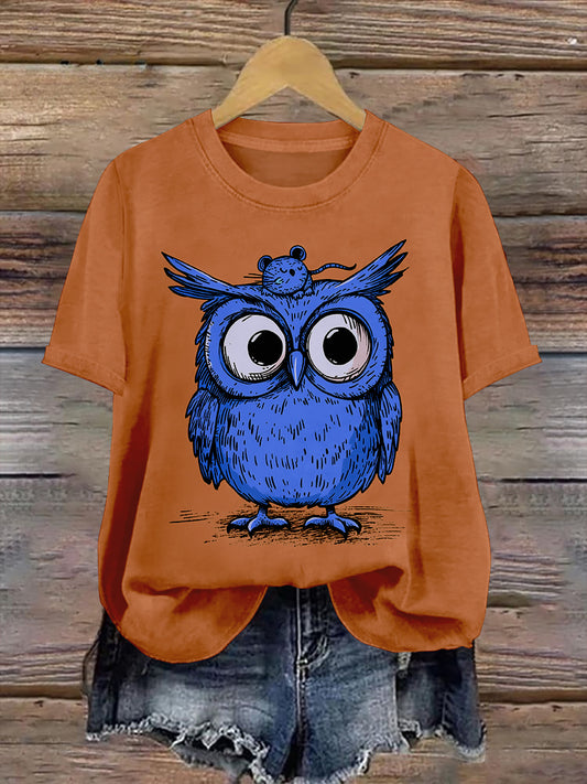 Owl Art Print Unisex Round Neck Short Sleeve Casual T-Shirt