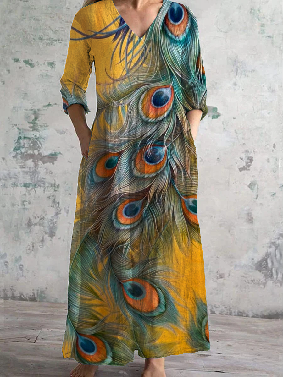 Peacock Art Print V-Neck Long-Sleeved Casual Dress