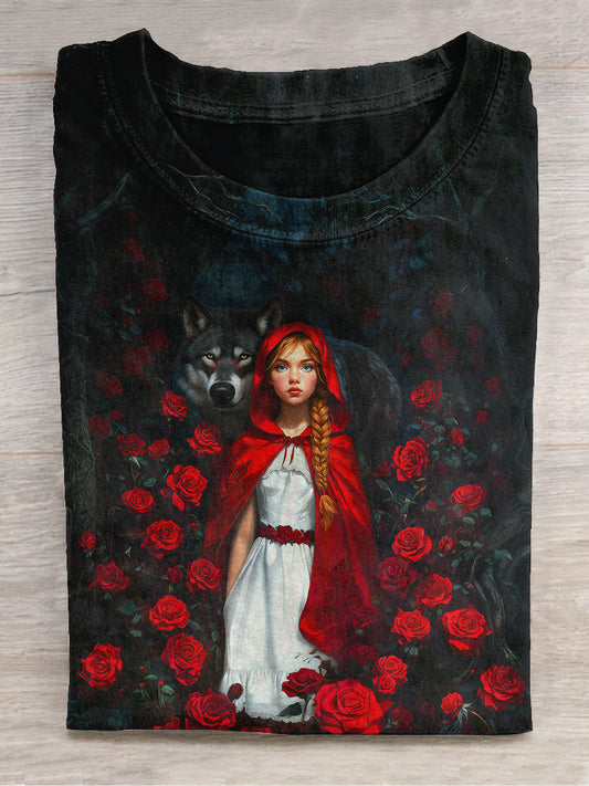 Little Red Riding Hood Art Print Unisex Round Neck Short Sleeve Casual T-shirt