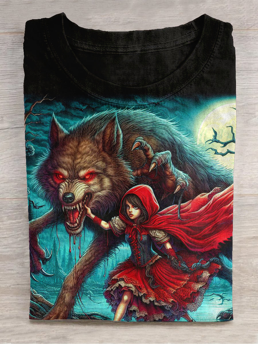 Little Red Riding Hood and Wolf series art print unisex round neck short sleeve casual T-shirt