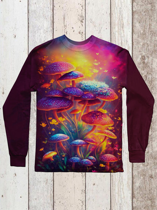 Mushroom Plant Art Print Unisex Round Neck Long Sleeve Casual T-Shirt