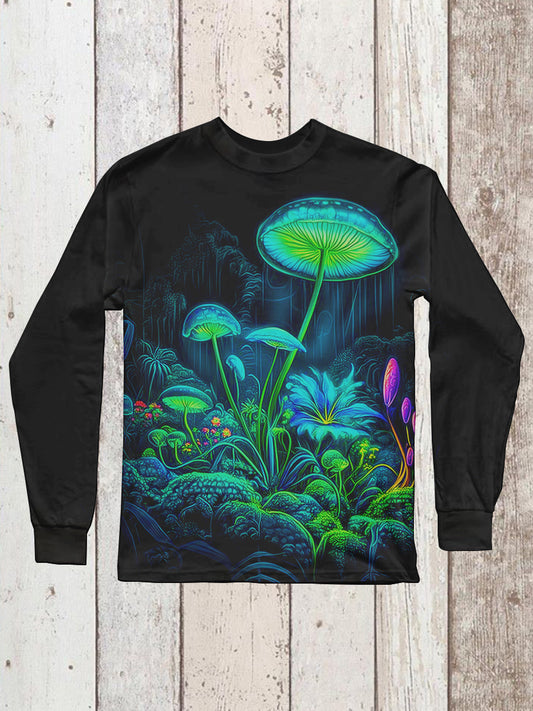 Mushroom Plant Art Print Unisex Round Neck Long Sleeve Casual T-Shirt