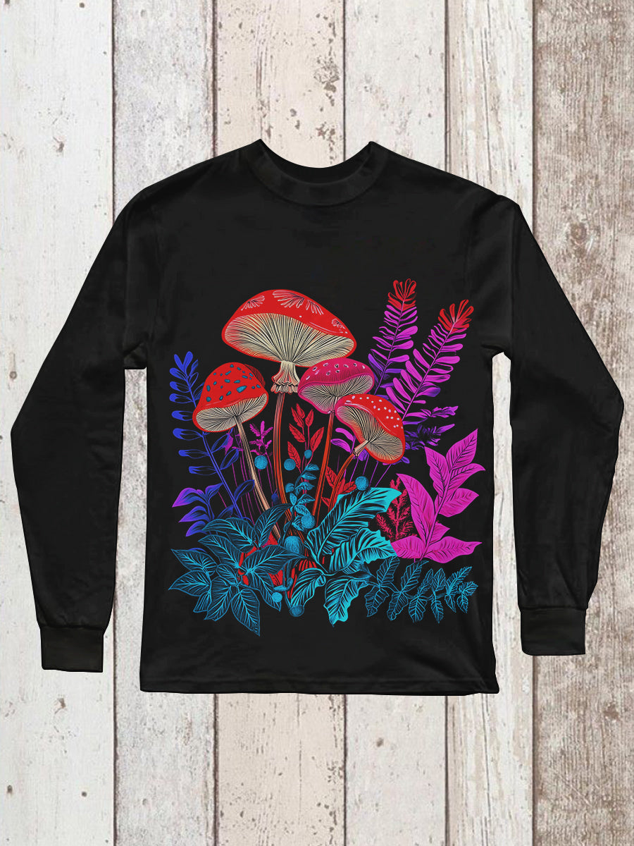 Mushroom Plant Art Print Unisex Round Neck Long Sleeve Casual T-Shirt