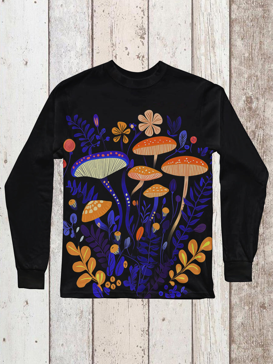 Mushroom Plant Art Print Unisex Round Neck Long Sleeve Casual T-Shirt