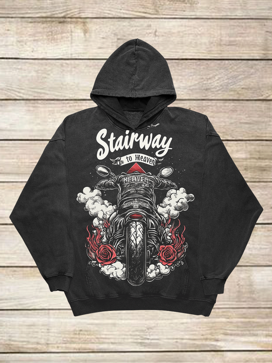 Motorcycle Art Print Long-Sleeved Casual Hooded Sweatshirt