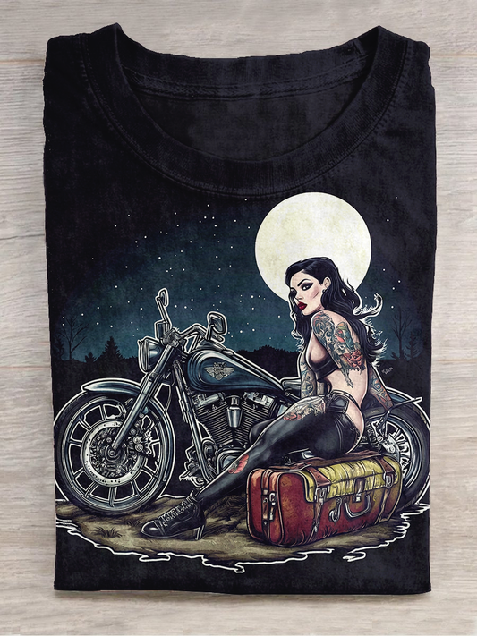 Motorcycle Art Print Round Neck Short Sleeve Casual T-Shirt