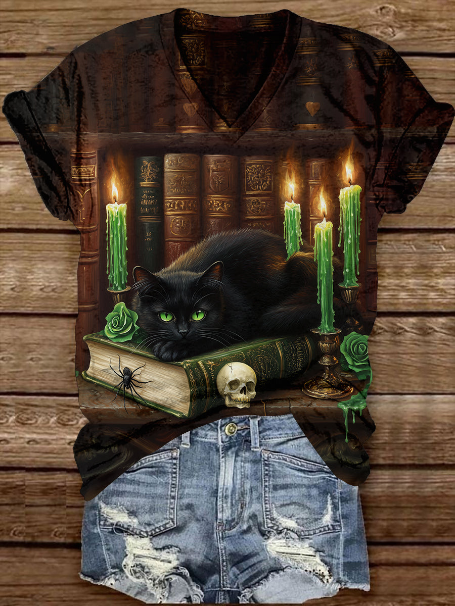 Black Cat Magic Book Art Print Unisex V-Neck Casual T-Shirt