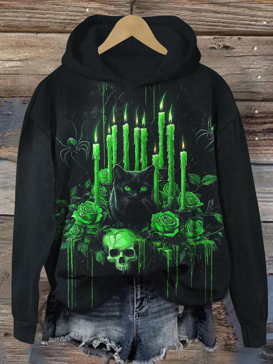 Black Cat Art Print Unisex Long Sleeve Casual Hooded Sweatshirt