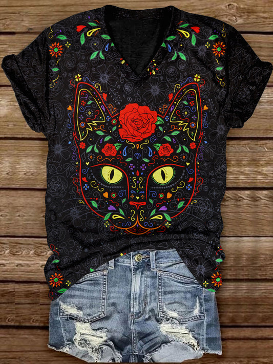 Black Cat Art Print Unisex V-Neck Casual T-Shirt