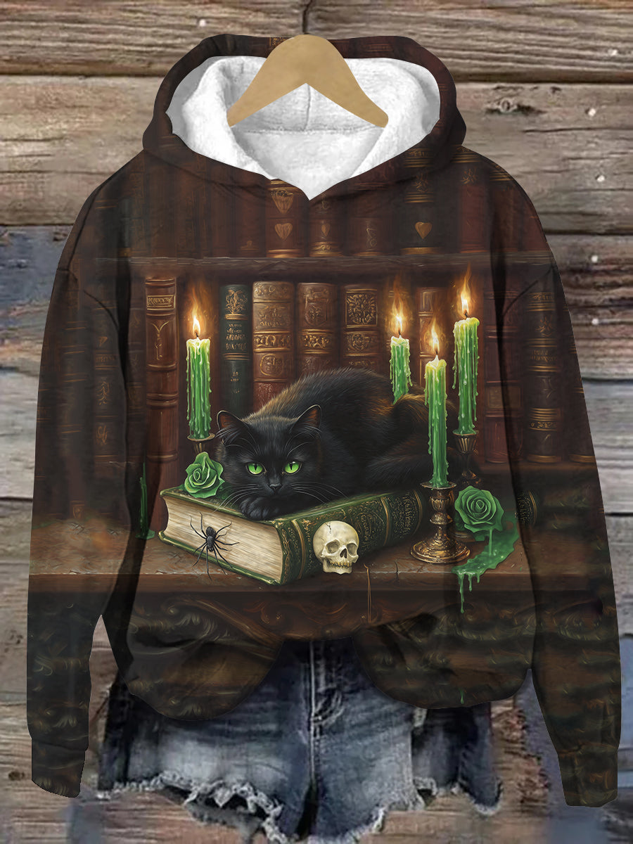 Black Cat Magic Book Art Print Unisex Long Sleeve Casual Hooded Sweatshirt