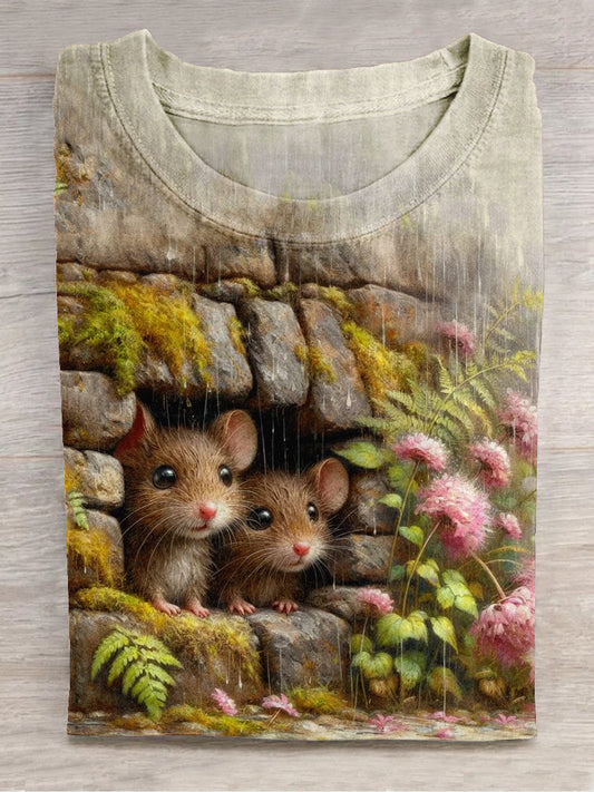 Mouse Art Print Unisex Round Neck Short Sleeve Casual T-Shirt