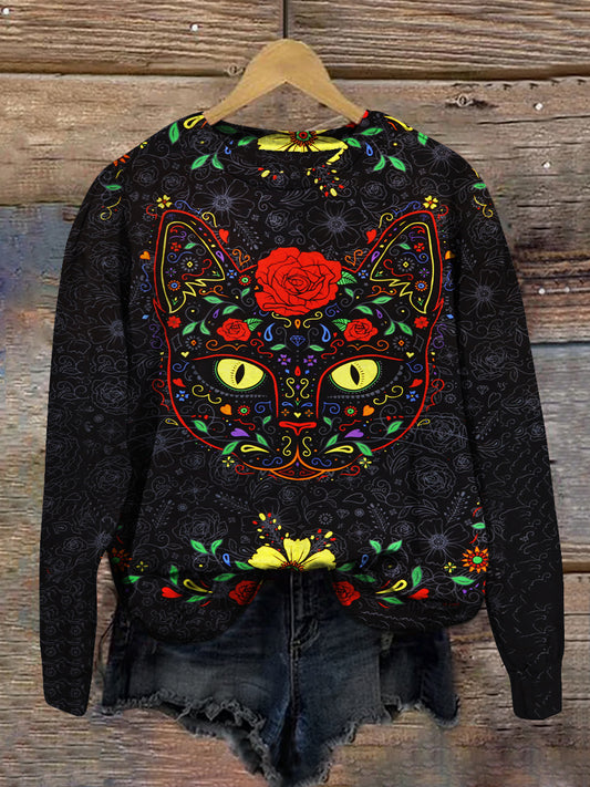 Black Cat Art Print Unisex Round Neck Long Sleeve Casual Sweatshirt