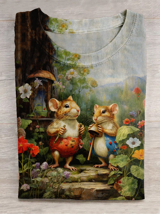 Mouse's Pastoral Life Art Print Unisex Round Neck Short Sleeve Casual T-shirt