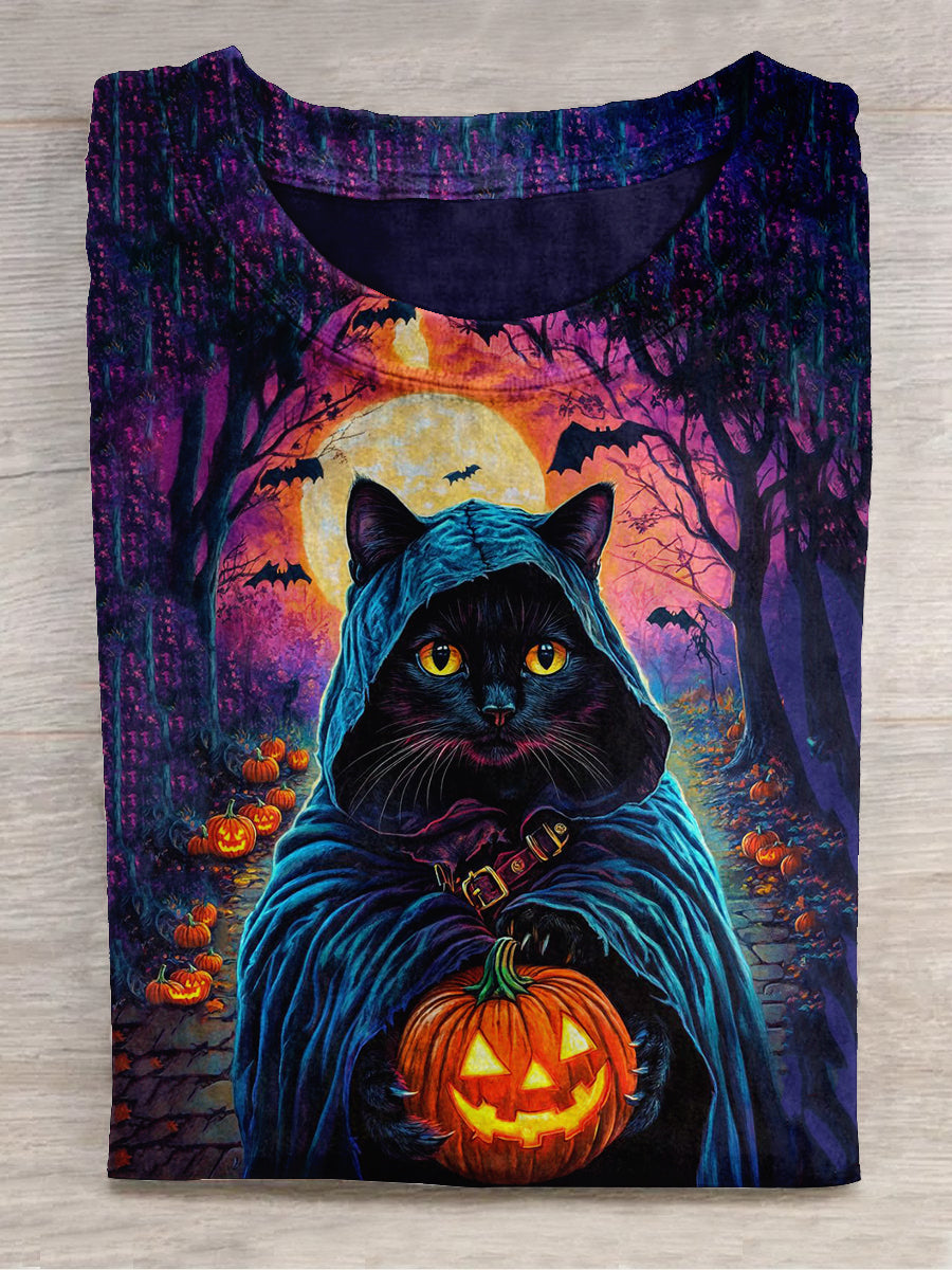 Black Cat Halloween Art Print Unisex Round Neck Short Sleeve Casual T-Shirt