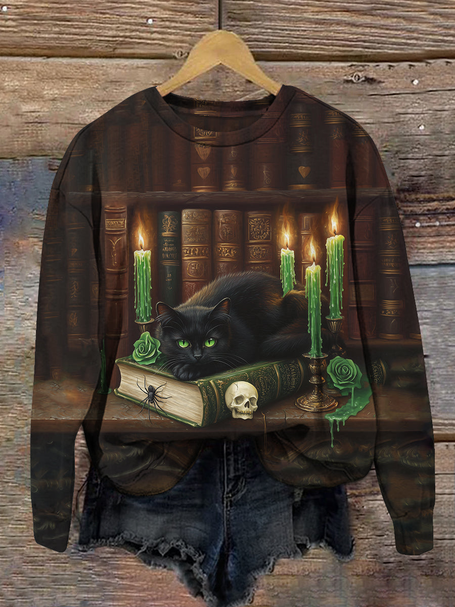 Black Cat Magic Book Art Print Unisex Crew Neck Long Sleeve Casual Sweatshirt