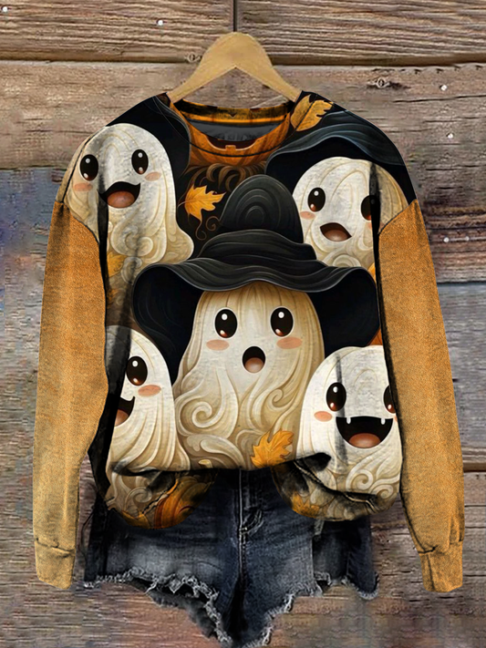 Ghost Pumpkin Art Print Round Neck Long Sleeve Casual Sweatshirt