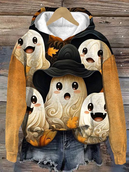 Ghost Pumpkin Art Print Long Sleeve Casual Hooded Sweatshirt