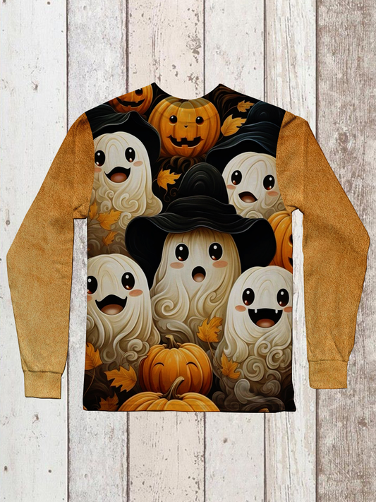 Ghost Pumpkin Art Print Round Neck Long Sleeve Casual T-Shirt