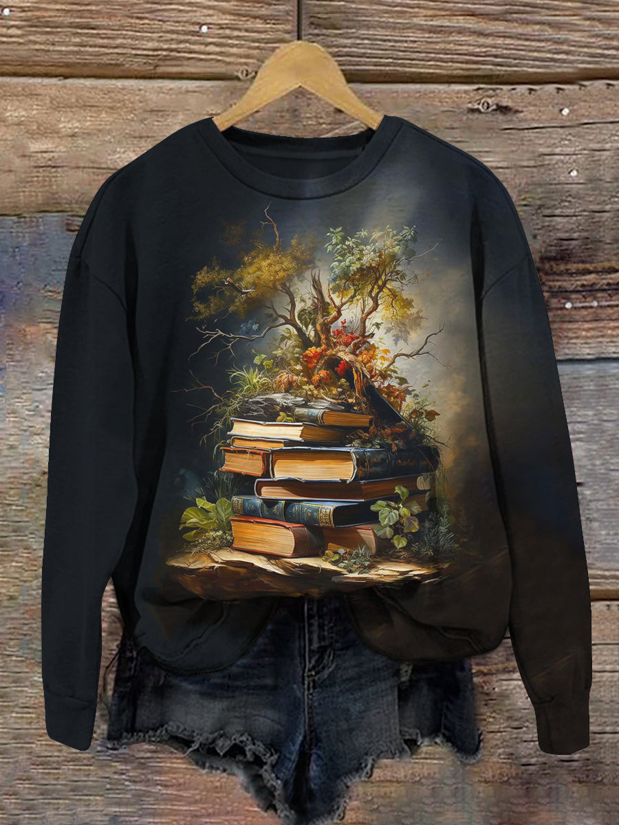 Vintage Book Art Print Unisex Crew Neck Long Sleeve Casual Sweatshirt