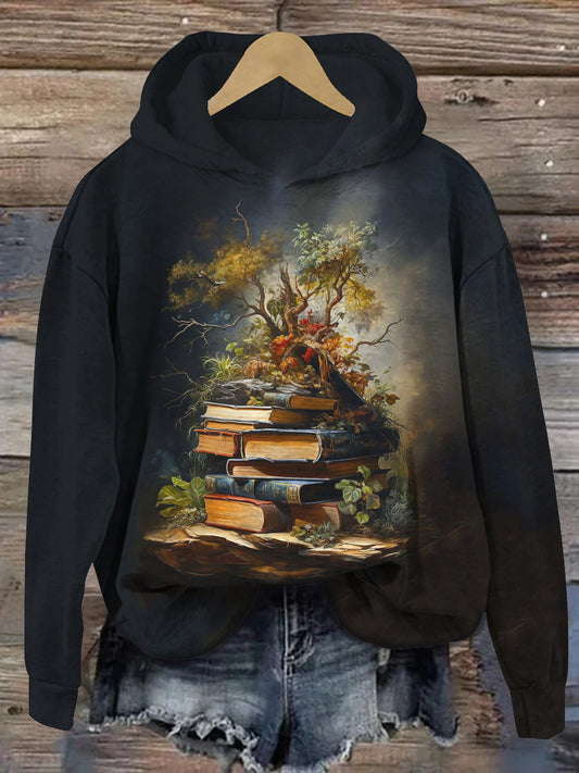 Vintage Book Art Print Unisex Long Sleeve Casual Hooded Sweatshirt