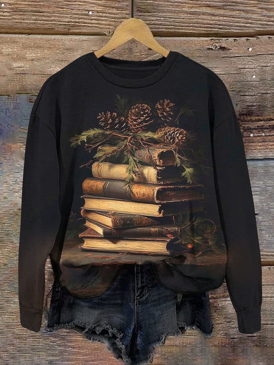 Vintage Book Art Print Unisex Crew Neck Long Sleeve Casual Sweatshirt