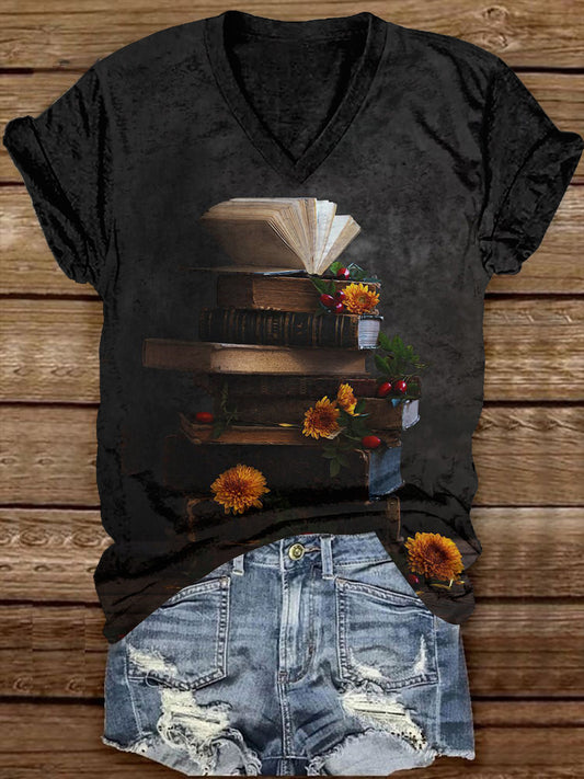 Book Art Print Unisex V-Neck Short Sleeve Casual T-Shirt