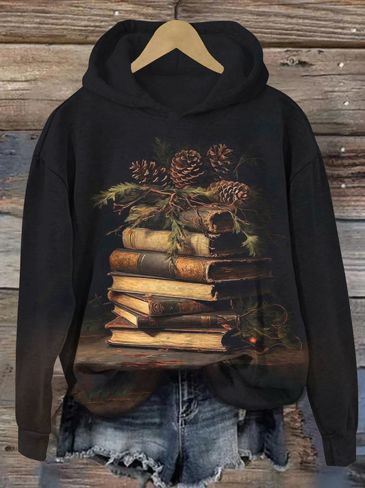 Vintage Book Art Print Unisex Long Sleeve Casual Hooded Sweatshirt