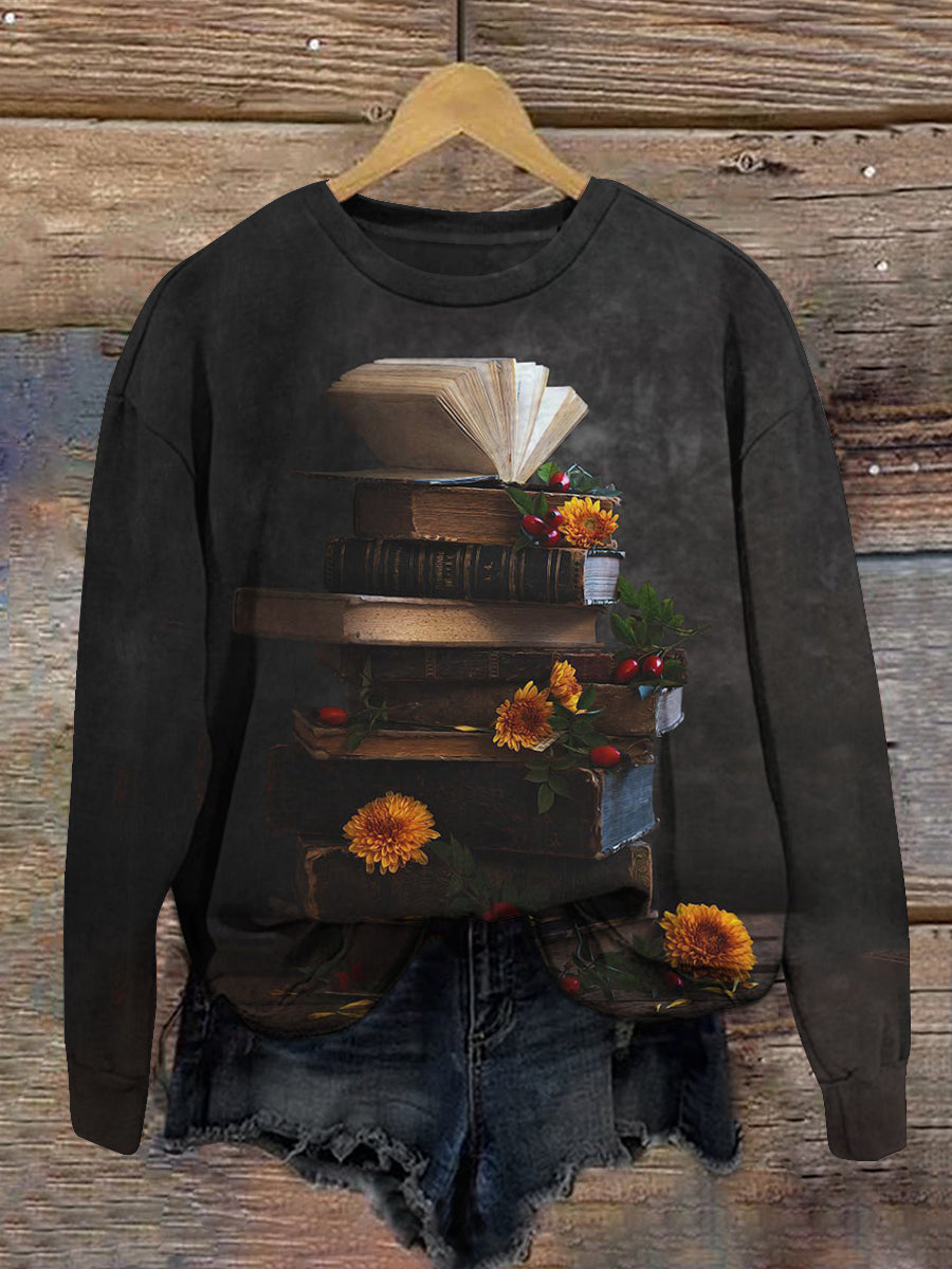 Vintage Book Art Print Unisex Crew Neck Long Sleeve Casual Sweatshirt