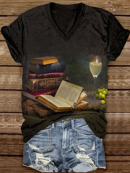 Book Art Print Unisex V-Neck Short Sleeve Casual T-Shirt