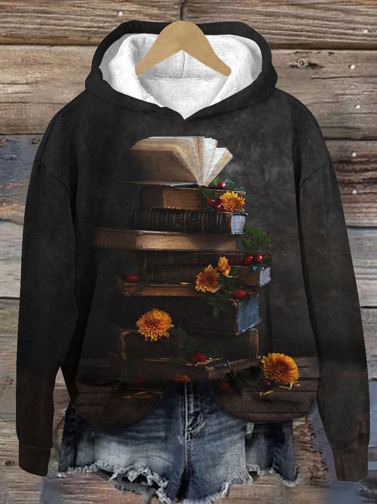 Vintage Book Art Print Unisex Long Sleeve Casual Hooded Sweatshirt