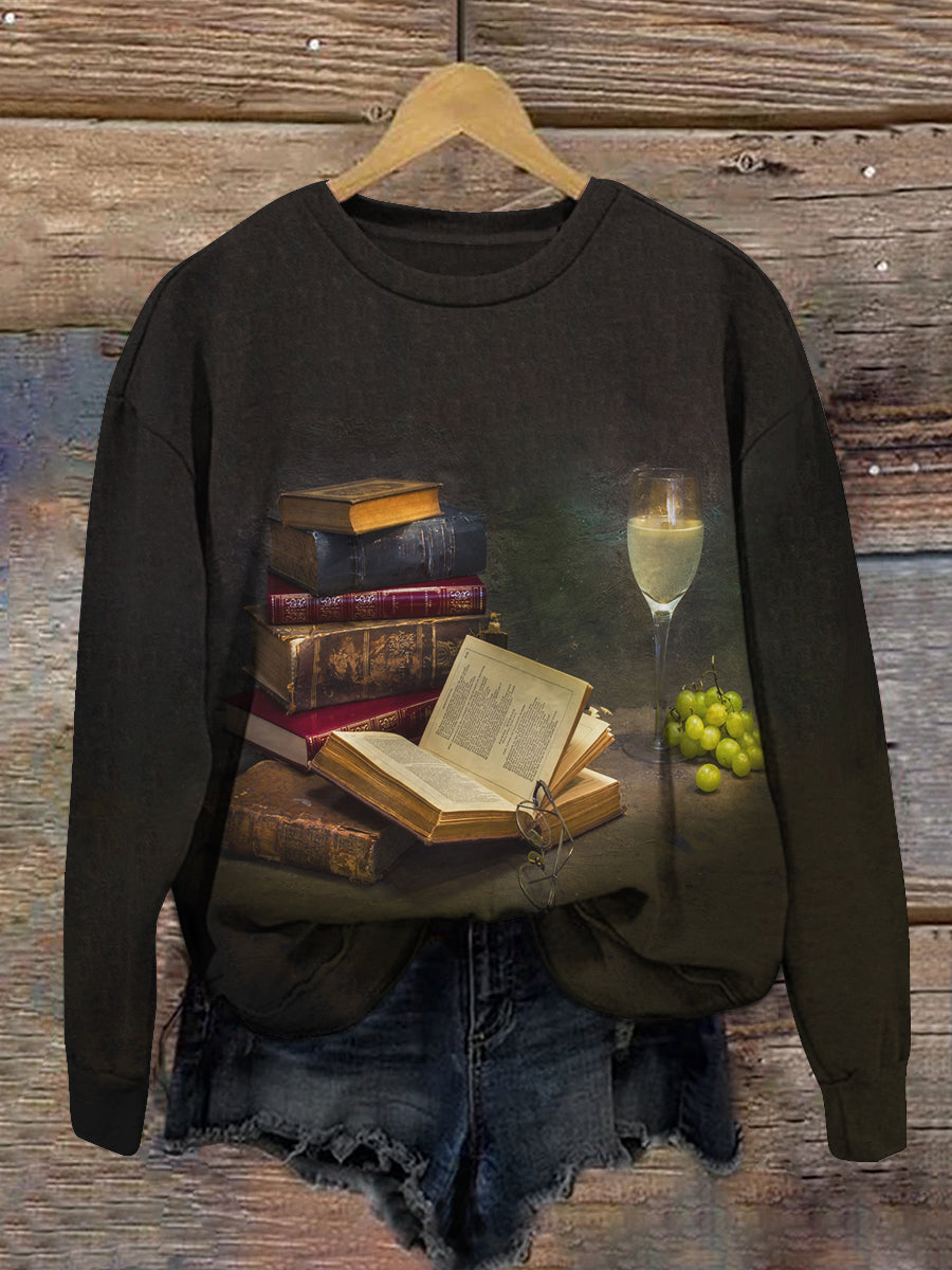 Vintage Book Art Print Unisex Crew Neck Long Sleeve Casual Sweatshirt