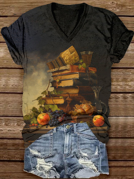 Book Art Print Unisex V-Neck Short Sleeve Casual T-Shirt