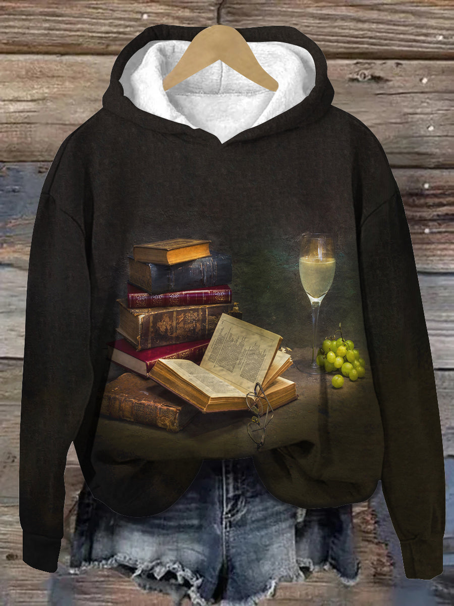 Vintage Book Art Print Unisex Long Sleeve Casual Hooded Sweatshirt