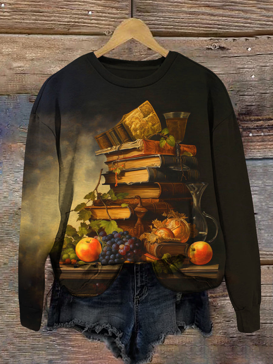 Vintage Book Art Print Unisex Crew Neck Long Sleeve Casual Sweatshirt