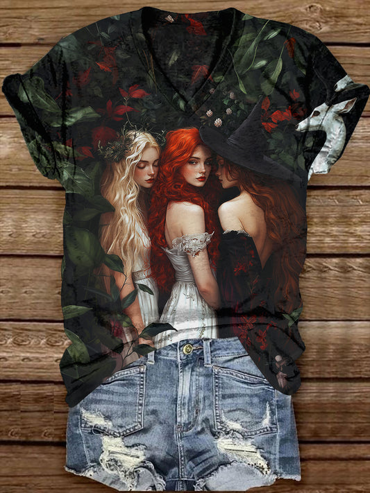 Witch Sisters Art Print Unisex V-Neck Short Sleeve Casual T-Shirt