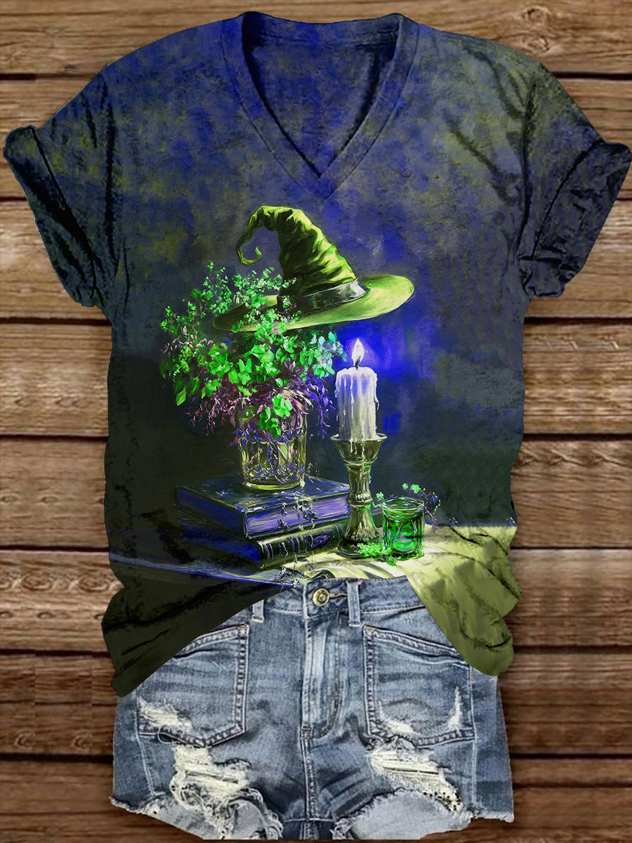 Witch Magic Book Art Print Unisex V-Neck Short Sleeve Casual T-Shirt