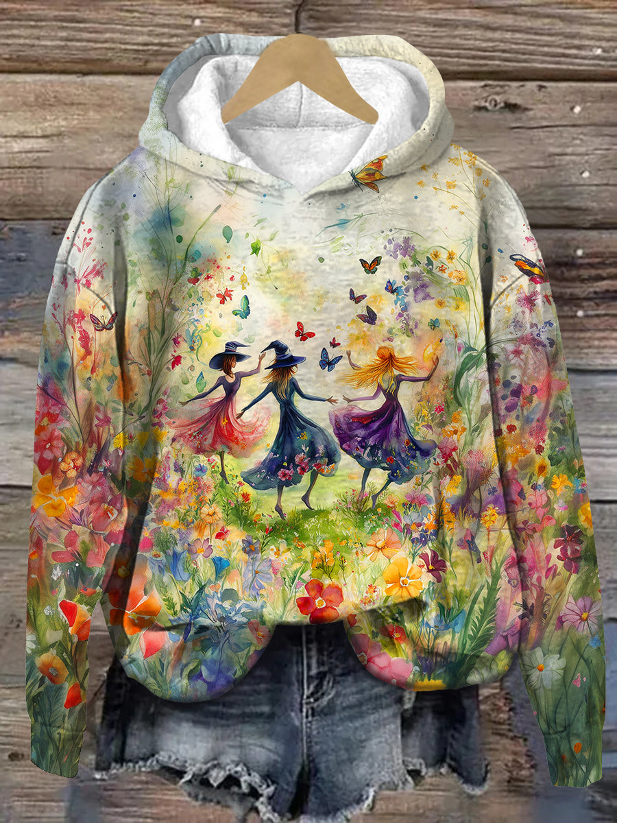 Witch Sisters Art Print Unisex Long Sleeve Casual Hooded Sweatshirt