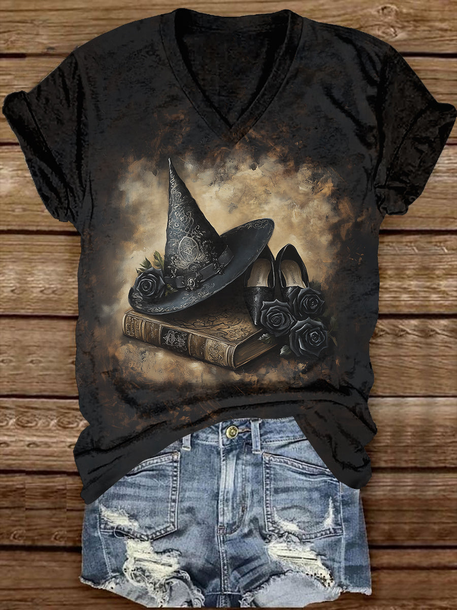 Witch Magic Book Art Print Unisex V-Neck Short Sleeve Casual T-Shirt