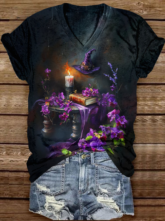 Witch Magic Book Art Print Unisex V-Neck Short Sleeve Casual T-Shirt